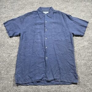 Europann Shirt Mens XL Navy Blue Linen Short Sleeve Button Up Loop Collar Preppy